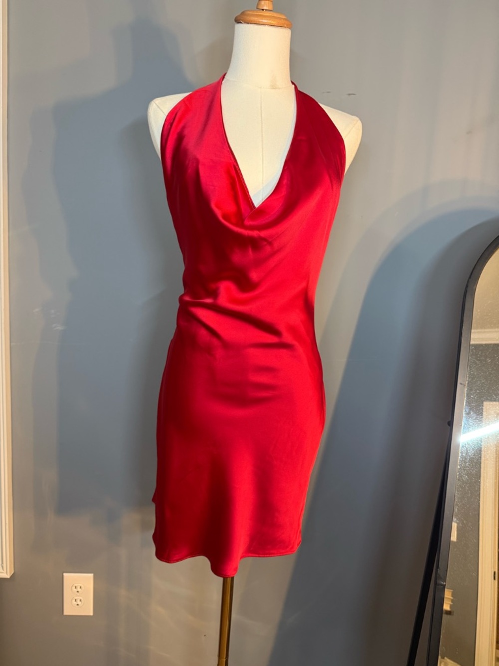 Mac Duggal Red Satin Cowl Neck Mini Dress